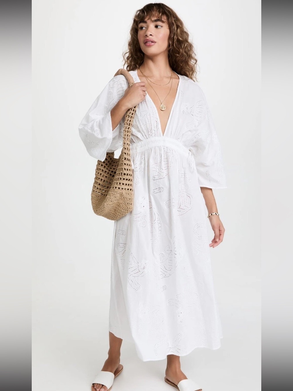 Solid and Striped Eyelet Midi Caftan Dress